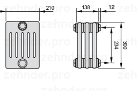 Схема (чертеж) Радиатор Zehnder Charleston 6030/3 №7610 Белый глянцевый RAL 9016